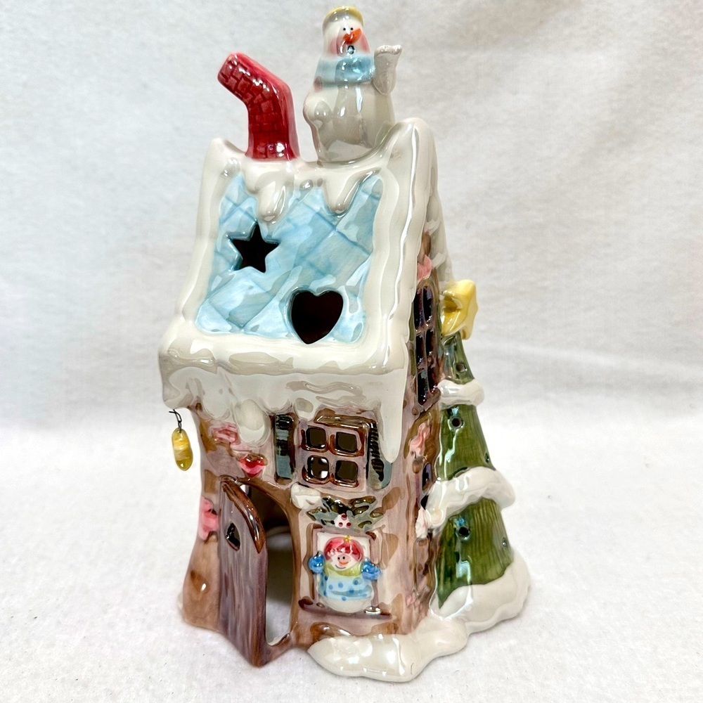 Vintage 2001 Yankee Candle Christmas Snowman Ceramic House Tea Light Holder Top‍